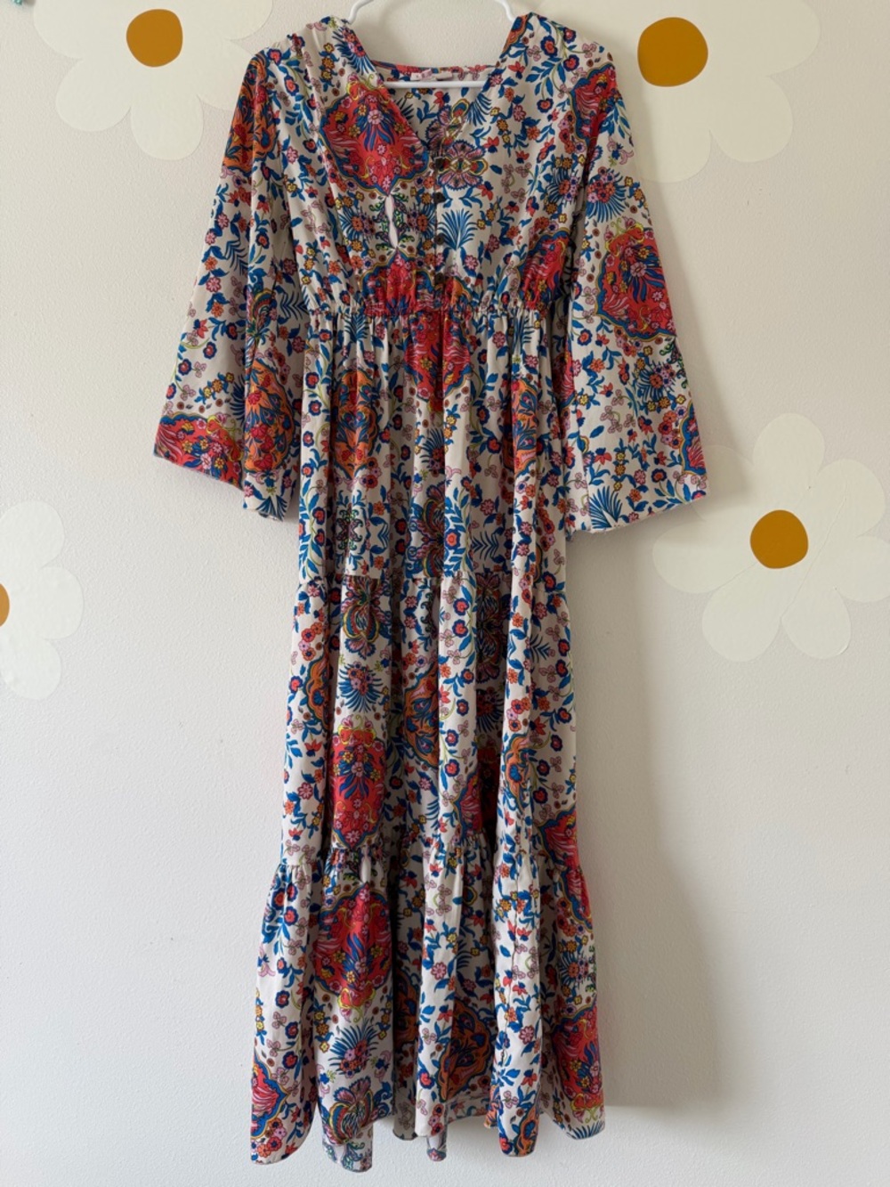 EUC Boemo Anthropologie Bell Sleeve Boho Kimono Maxi Dress Cream Multi Floral - Picture 2 of 12